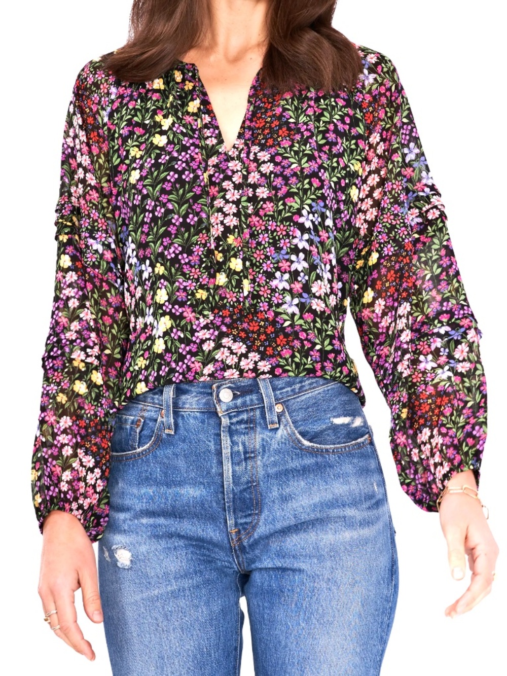 1.State Ditsy Patches Sheer V-Neck Black Floral Blouse